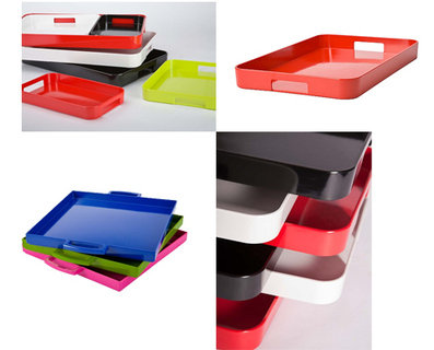 Add a splash of color with Zak! Designs multi colored trays available in a variety of shapes and styles.